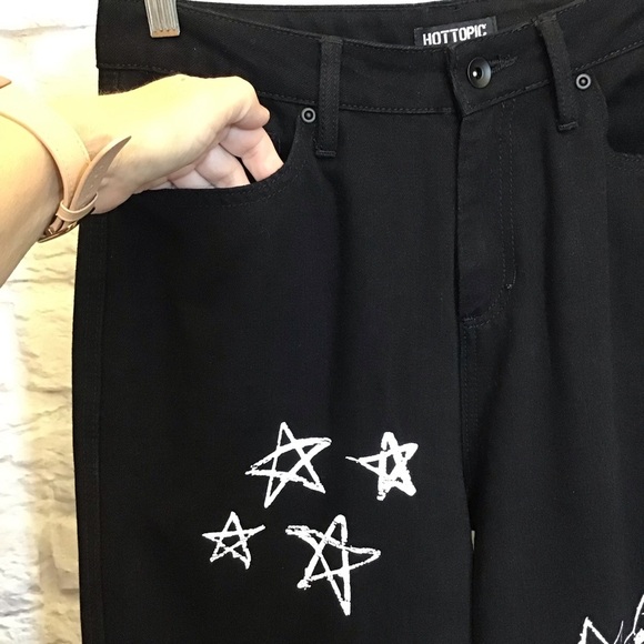 Hot Topic 7 Wide Leg Skull Women’s Jeans High Rise Black Goth Grunge Punk - Picture 5 of 12